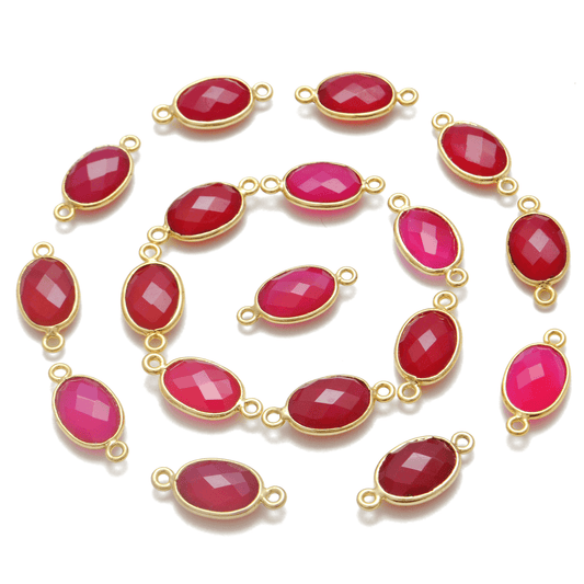 Hot Pink Chalcedony Oval Gold Plated Bezel Connector - Kanika Creations