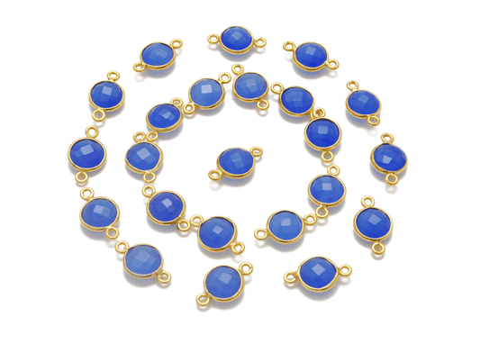Blue Chalcedony Round Gold Plated Closed Double Bail Bezel Connector - Kanika Creations