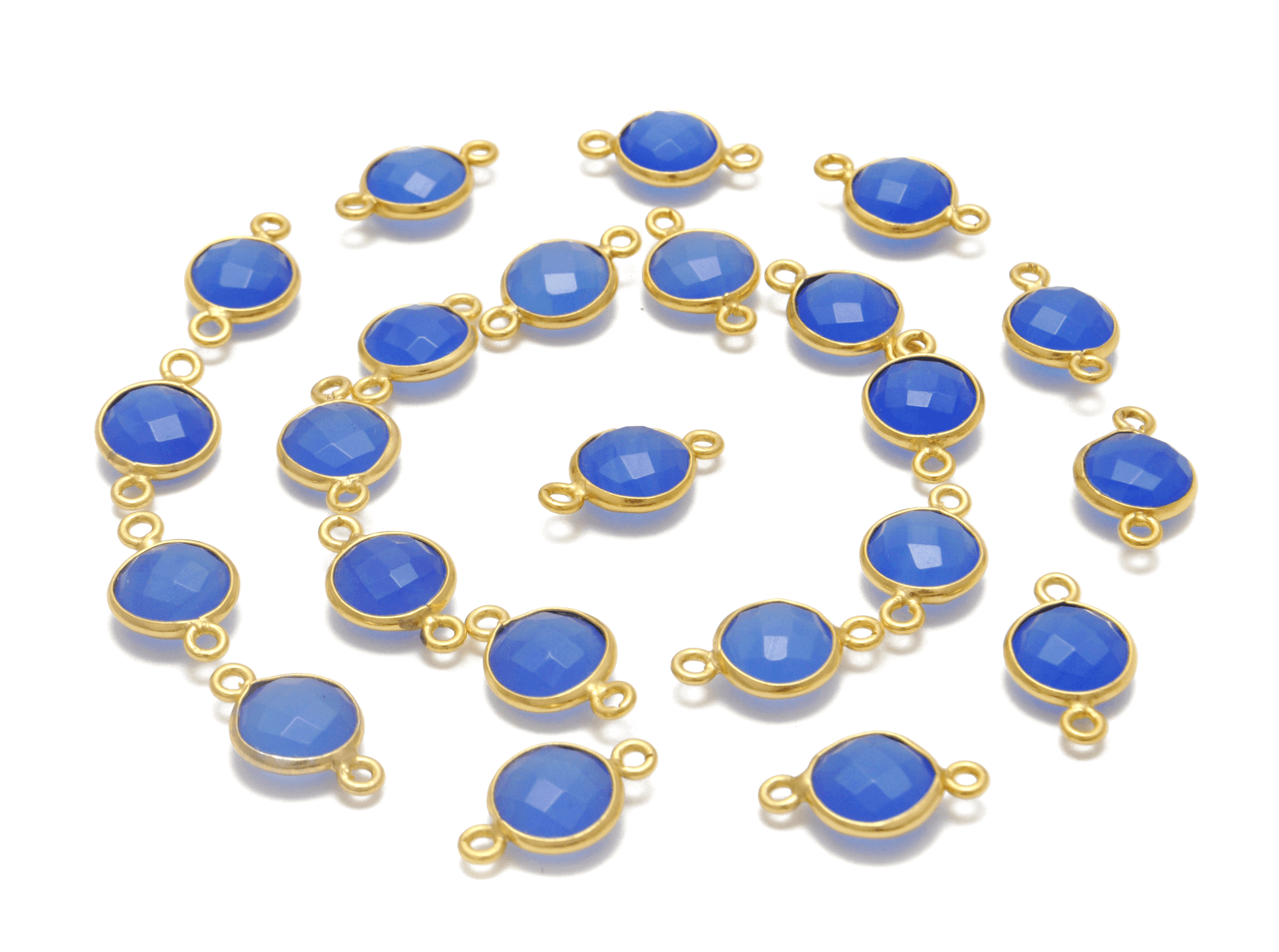 Blue Chalcedony Round Gold Plated Closed Double Bail Bezel Connector - Kanika Creations