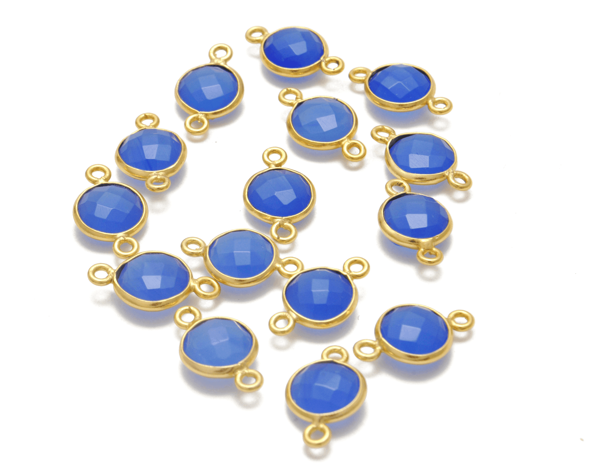 Blue Chalcedony Round Gold Plated Closed Double Bail Bezel Connector - Kanika Creations