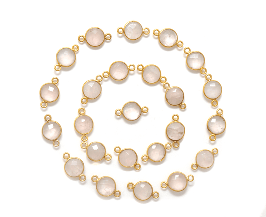 Rose Quartz Round Double Bail Gold Plated Bezel Connector - Kanika Creations