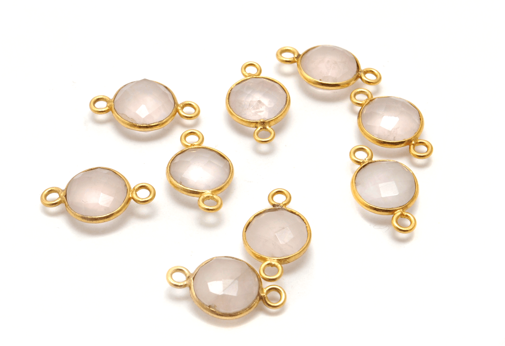 Rose Quartz Round Double Bail Gold Plated Bezel Connector - Kanika Creations