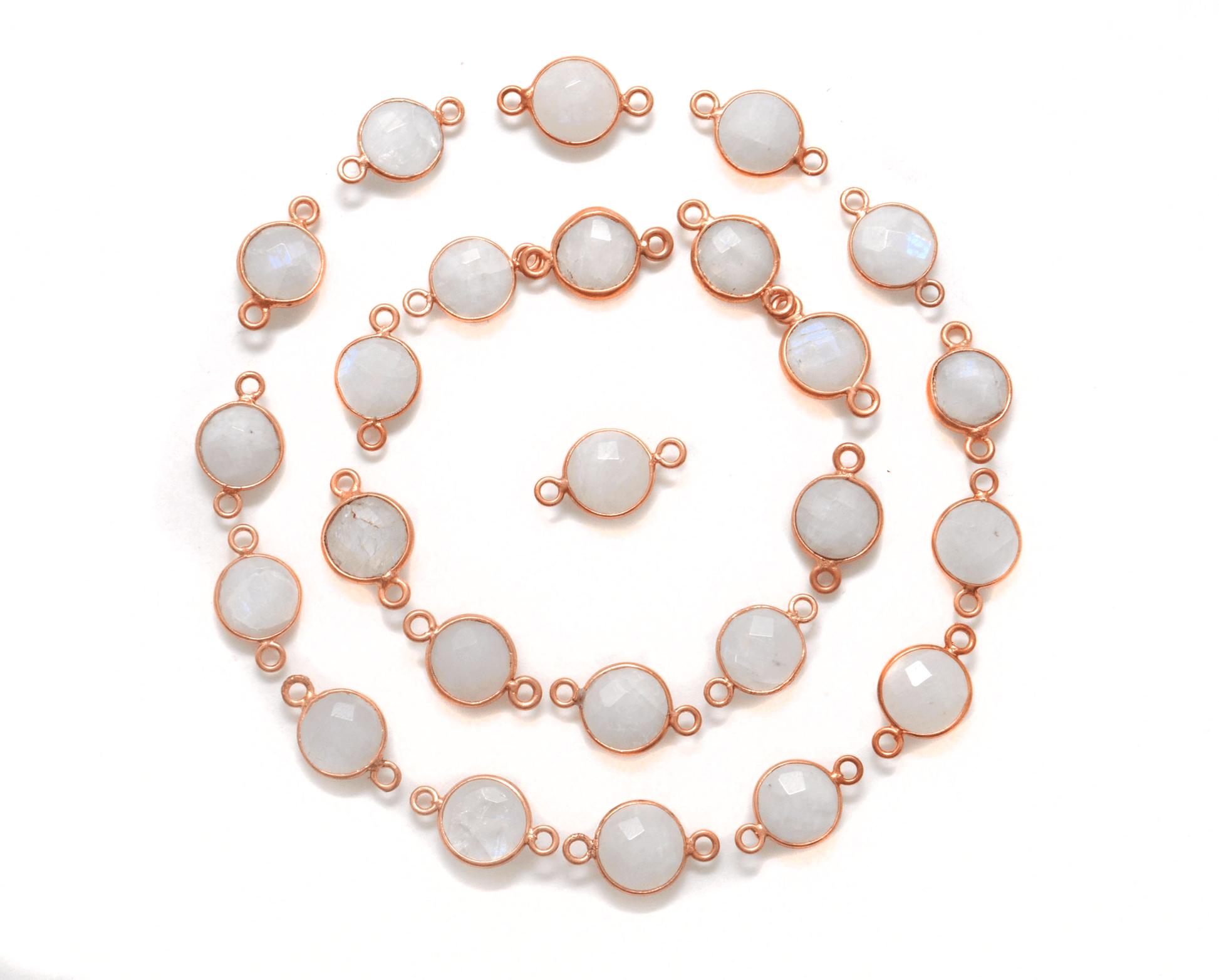 Rainbow Moonstone Round Rose Gold Plated Bezel Connector - Kanika Creations