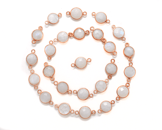 Rainbow Moonstone Round Rose Gold Plated Bezel Connector - Kanika Creations