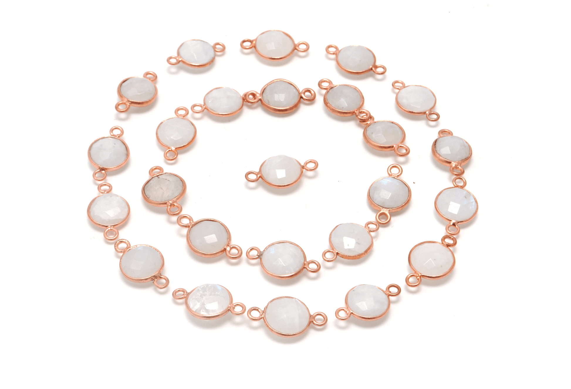 Rainbow Moonstone Round Rose Gold Plated Bezel Connector - Kanika Creations