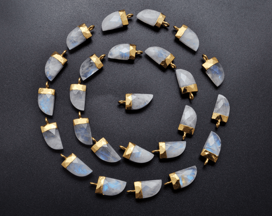 Rainbow Moonstone Tusk Electroplated Gold Plated Bezel Connector - Kanika Creations