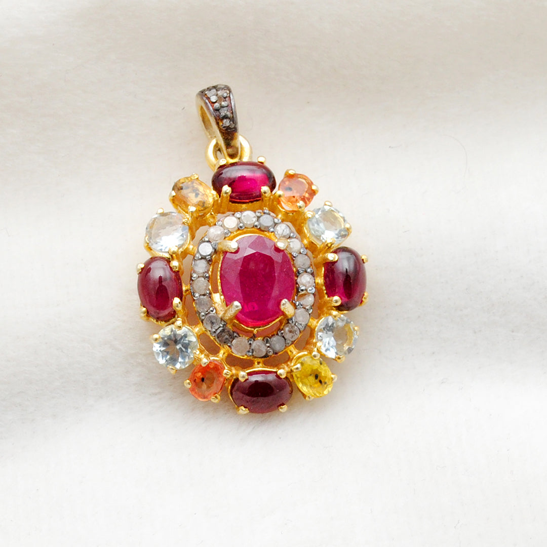925 Sterling Silver Pave Diamond & Multi-Gemstone Pendant - Kanika Creations