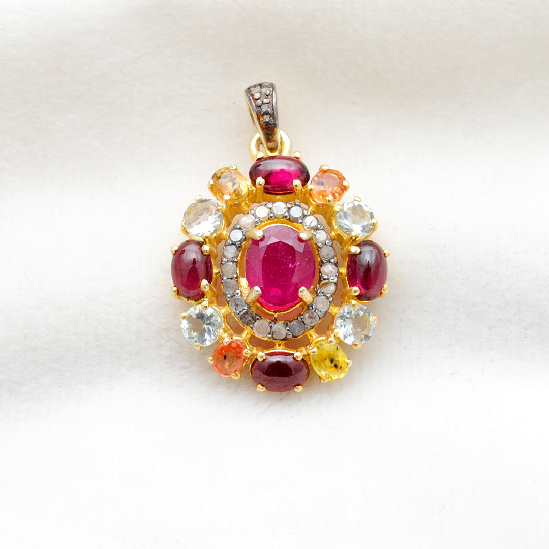 925 Sterling Silver Pave Diamond & Multi-Gemstone Pendant - Kanika Creations