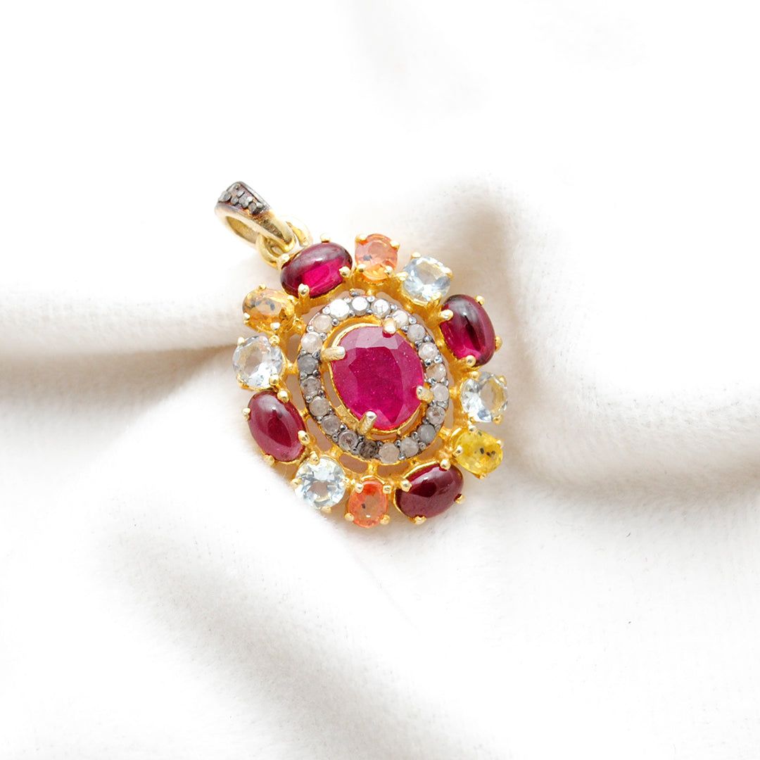 925 Sterling Silver Pave Diamond & Multi-Gemstone Pendant - Kanika Creations