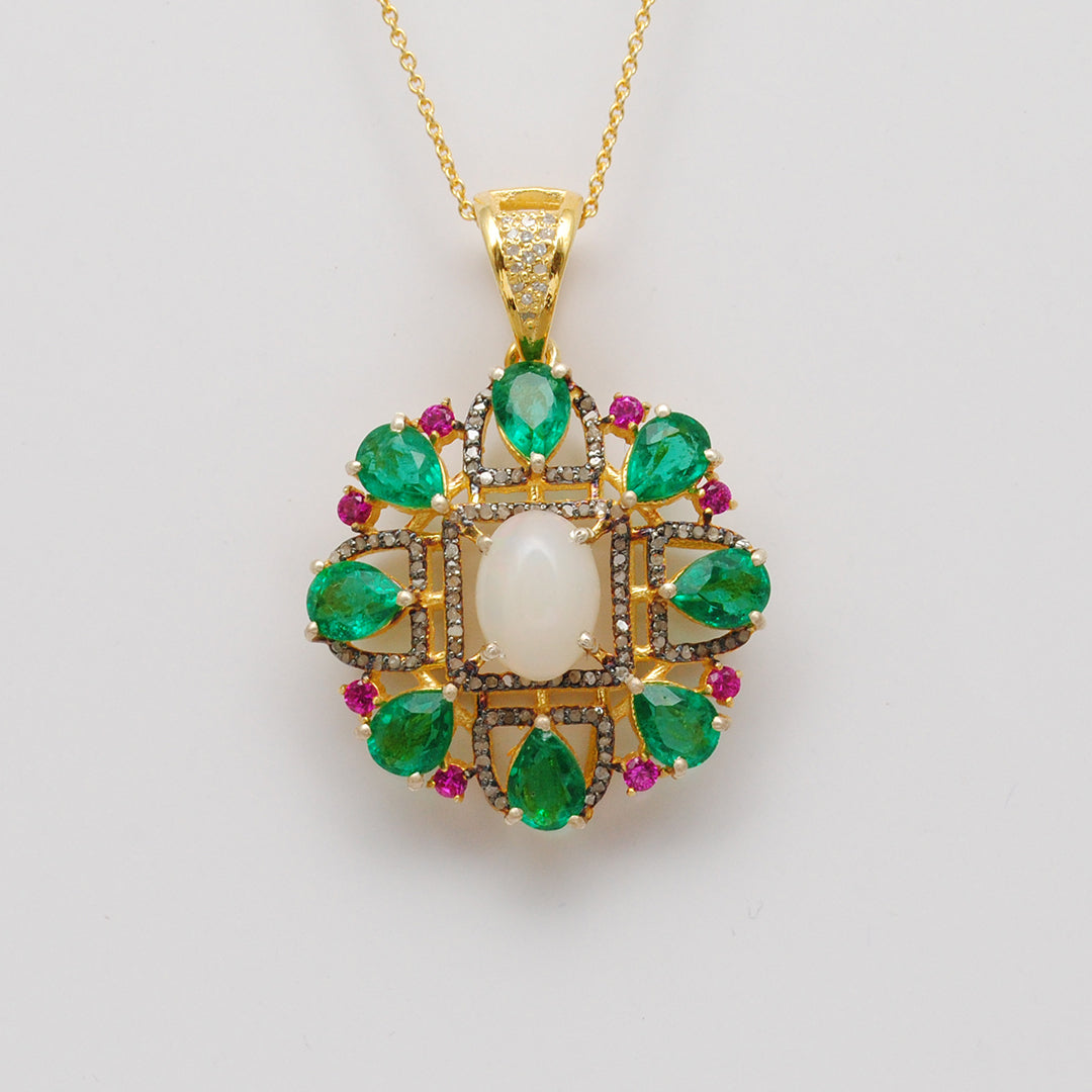 Sterling Silver Pave Set Diamond & Multi-Gemstone Pendant - Kanika Creations