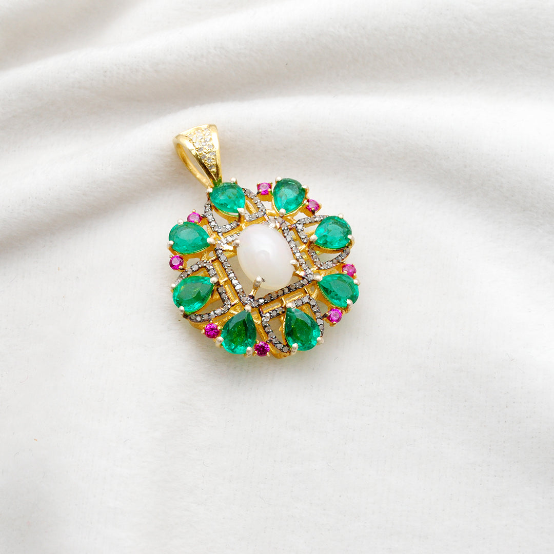 Sterling Silver Pave Set Diamond & Multi-Gemstone Pendant - Kanika Creations