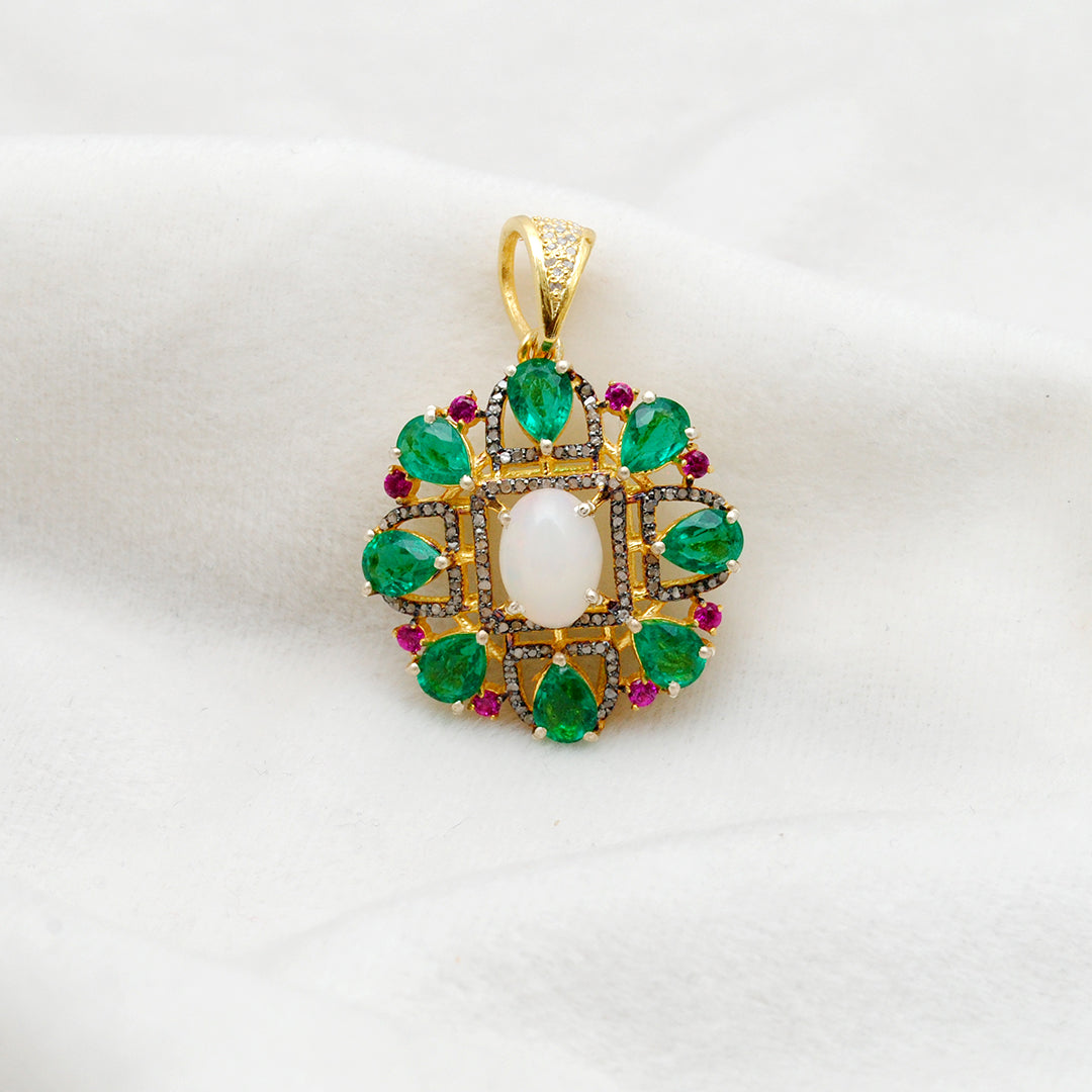 Sterling Silver Pave Set Diamond & Multi-Gemstone Pendant - Kanika Creations