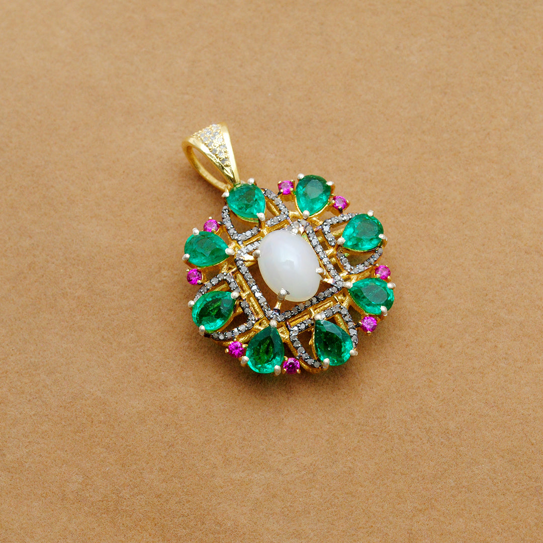 Sterling Silver Pave Set Diamond & Multi-Gemstone Pendant - Kanika Creations