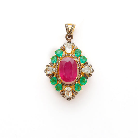 925 Silver Ruby, Emerald & Topaz Pendant with Pavé Diamond Accents | Gift for Her - Kanika Creations