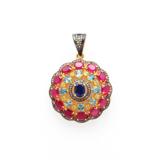 925 Sterling Silver Pave Diamond Pendant with Ruby, Blue Topaz, Sapphire & Peridot - Kanika Creations
