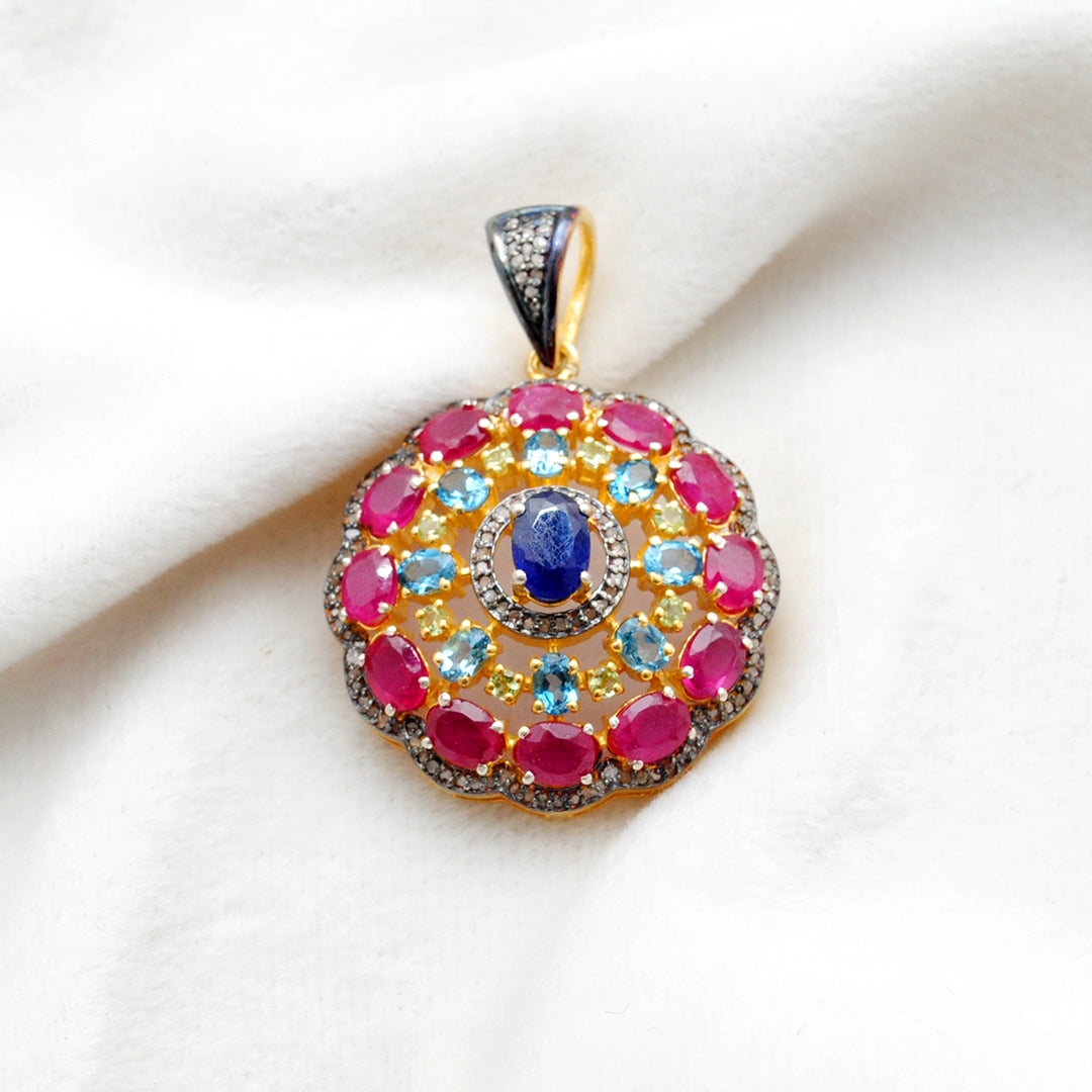 925 Sterling Silver Pave Diamond Pendant with Ruby, Blue Topaz, Sapphire & Peridot - Kanika Creations