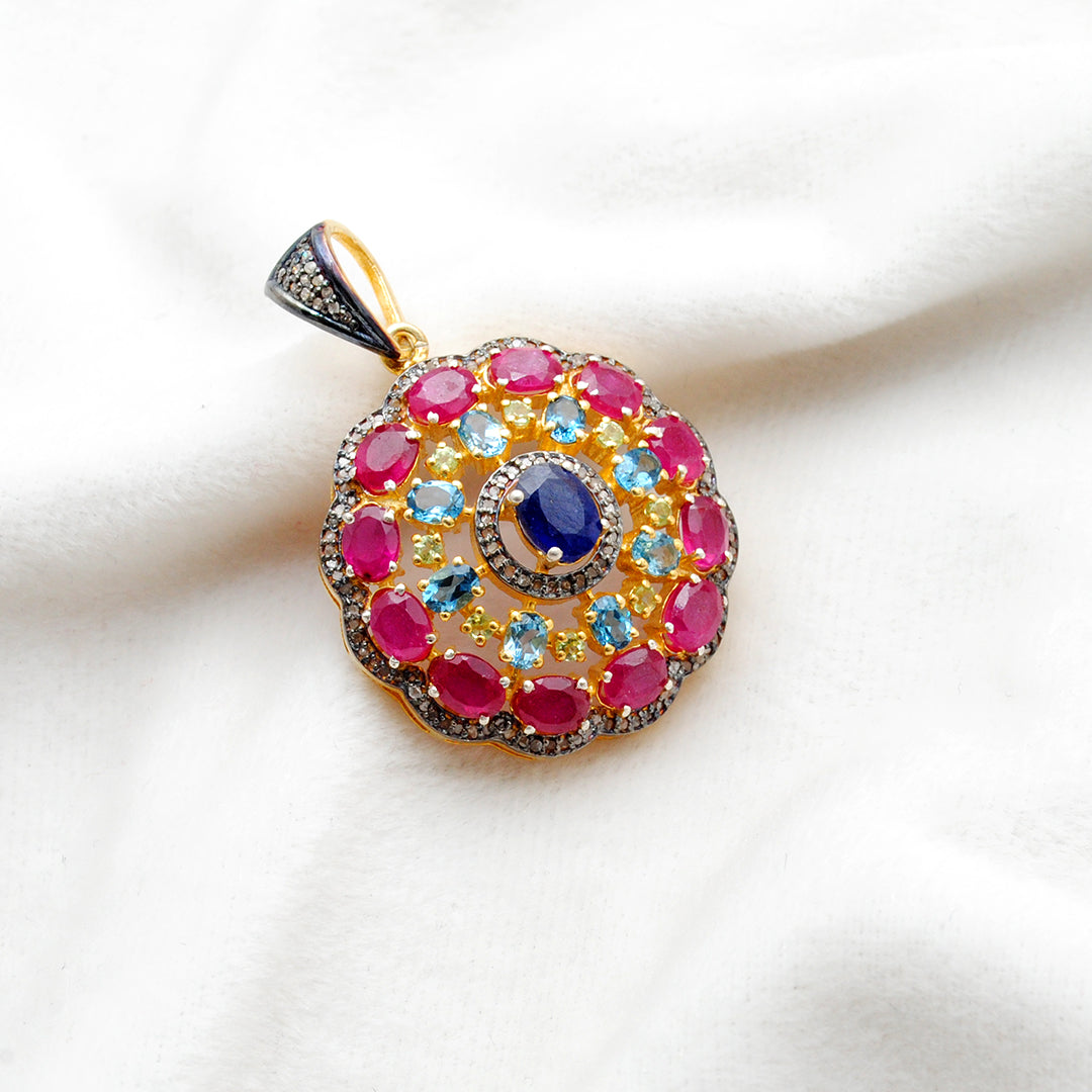 925 Sterling Silver Pave Diamond Pendant with Ruby, Blue Topaz, Sapphire & Peridot - Kanika Creations