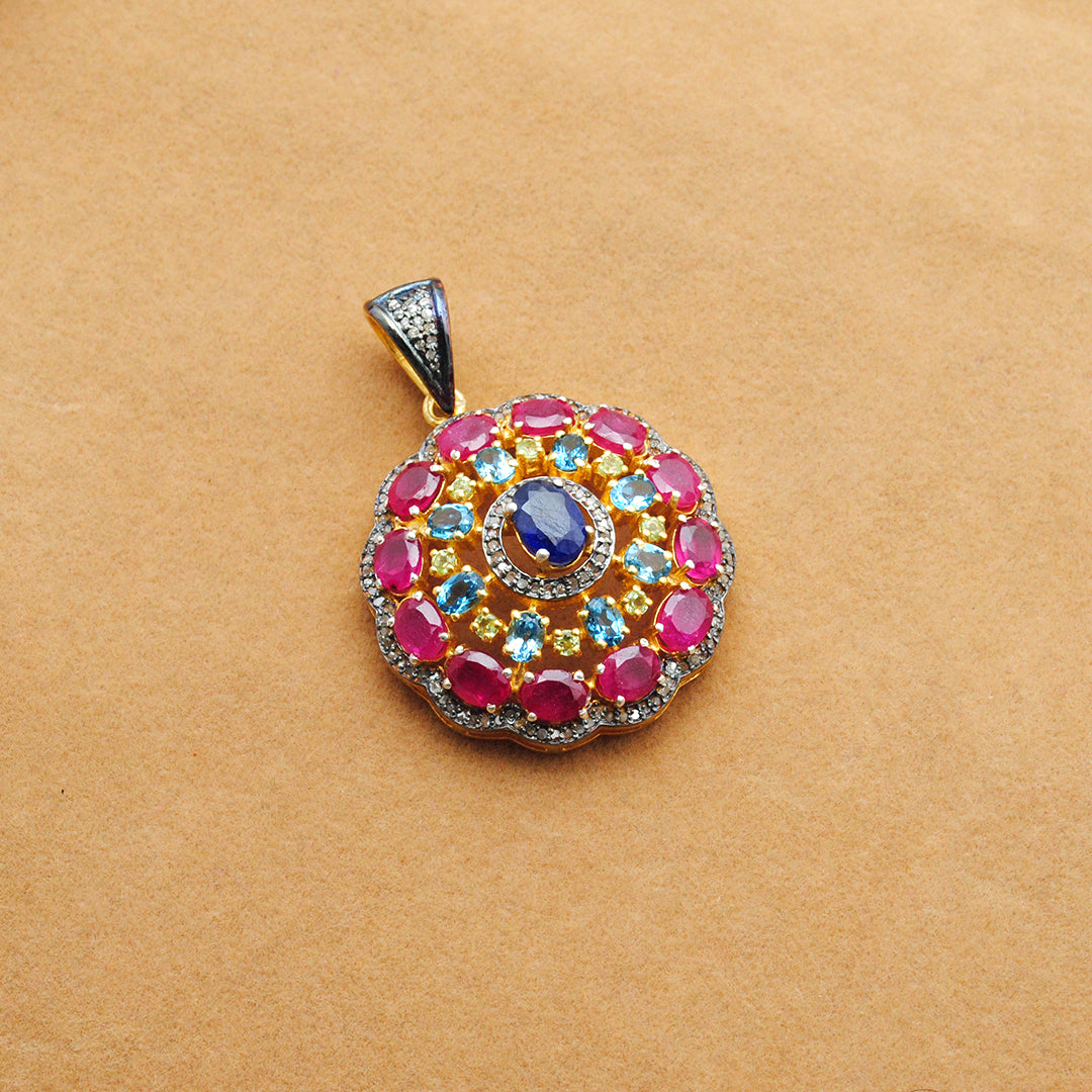 925 Sterling Silver Pave Diamond Pendant with Ruby, Blue Topaz, Sapphire & Peridot - Kanika Creations