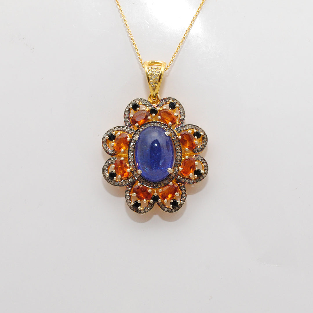 Tanzanite, Sapphire & Black Spinel Pendant with Pavé Diamonds – Gold Plated Silver - Kanika Creations