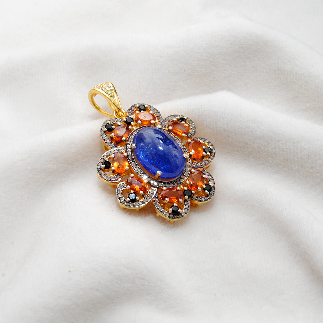 Tanzanite, Sapphire & Black Spinel Pendant with Pavé Diamonds – Gold Plated Silver - Kanika Creations