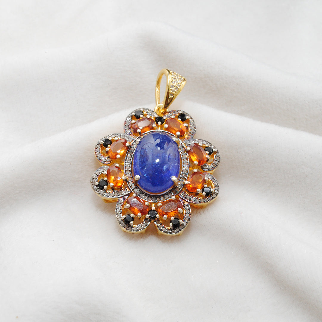 Tanzanite, Sapphire & Black Spinel Pendant with Pavé Diamonds – Gold Plated Silver - Kanika Creations