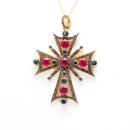 Ruby, Blue Topaz & Sapphire Pavé Diamond Pendant – Sterling Silver Gold Plated - Kanika Creations