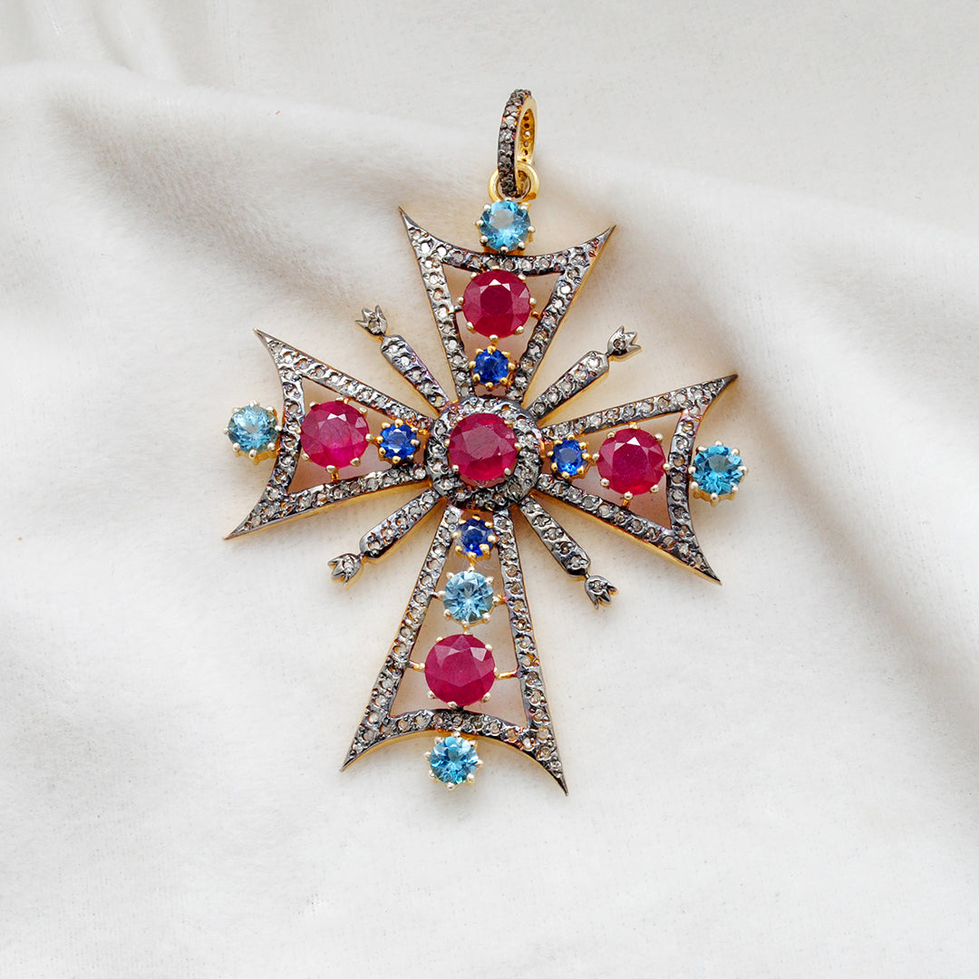 Ruby, Blue Topaz & Sapphire Pavé Diamond Pendant – Sterling Silver Gold Plated - Kanika Creations