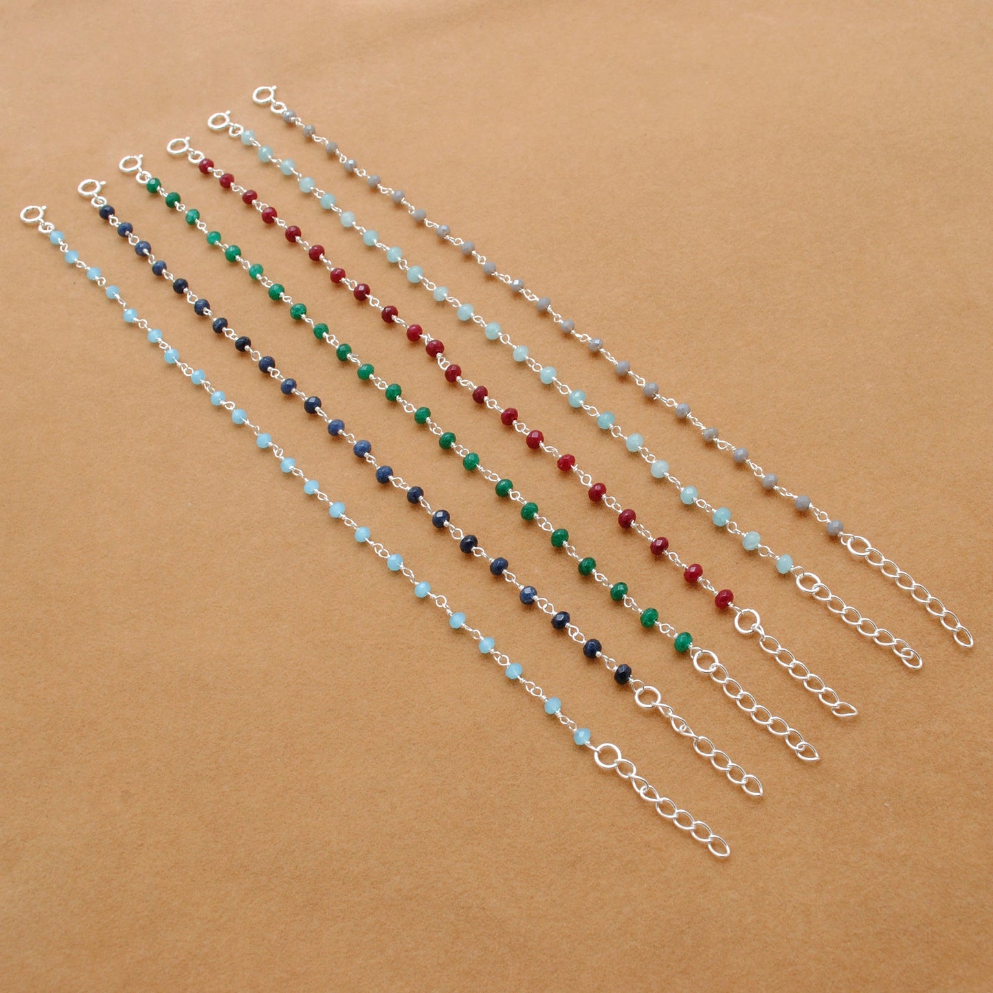 925 Sterling Silver Bracelet with Aqua, Emerald, Ruby & Sapphire Quartz and Chalcedony Stones - Kanika Creations