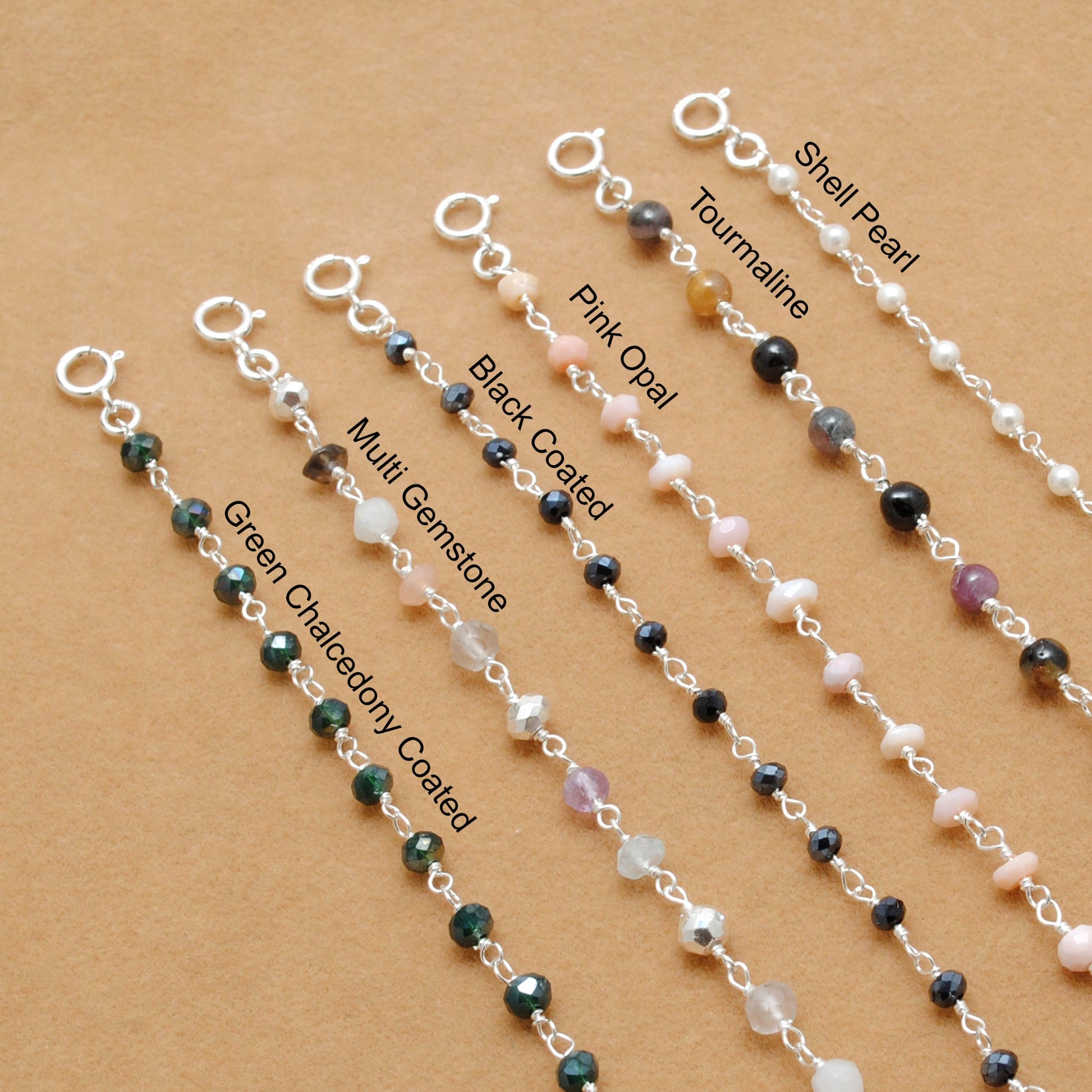 Sterling Silver Multi-Stone Bracelet with Tourmaline, Pink Opal, and Shell Pearl Gemstone - Kanika Creations