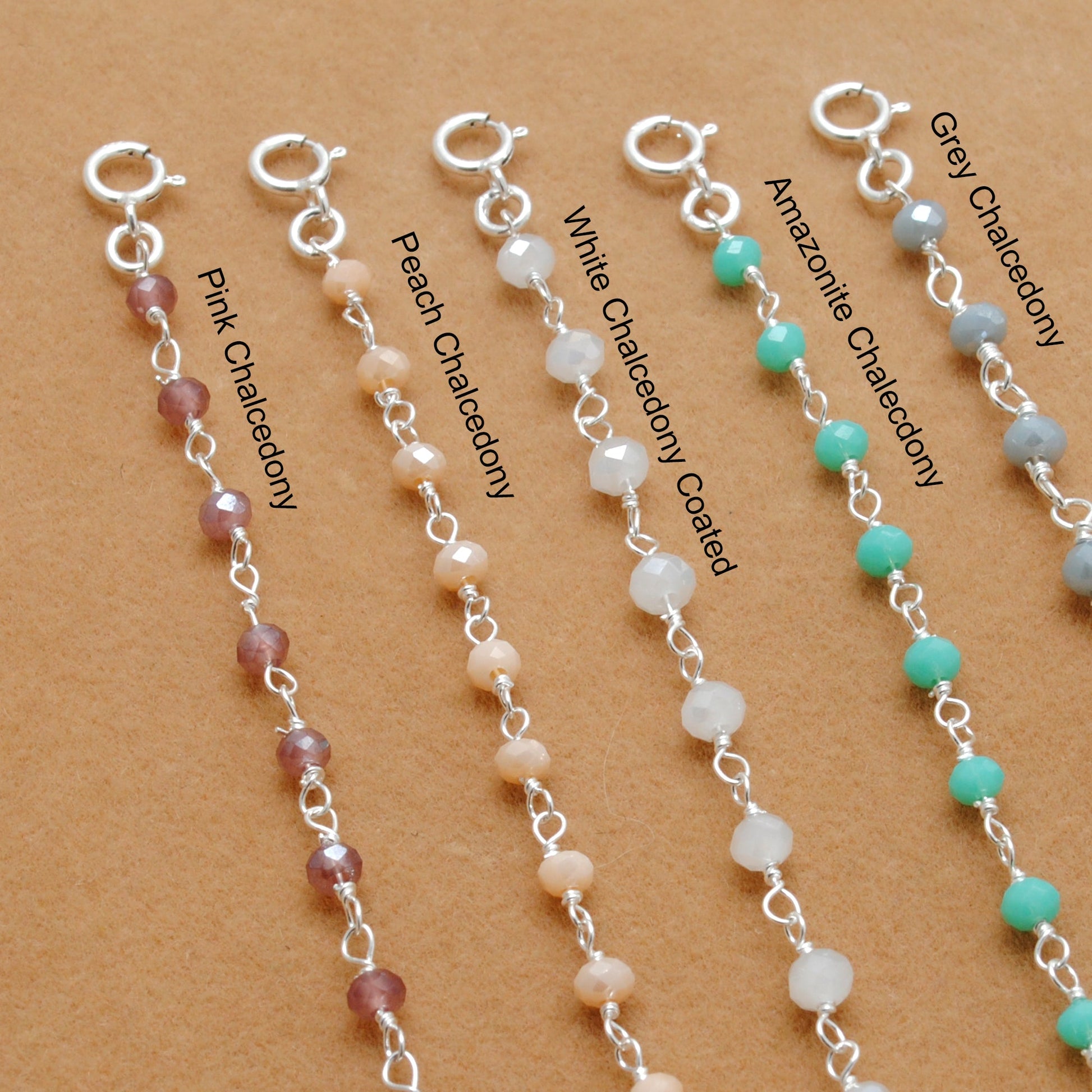 925 Sterling Silver Pastel Chalcedony Dainty Necklace – Peach, Pink & More - Kanika Creations