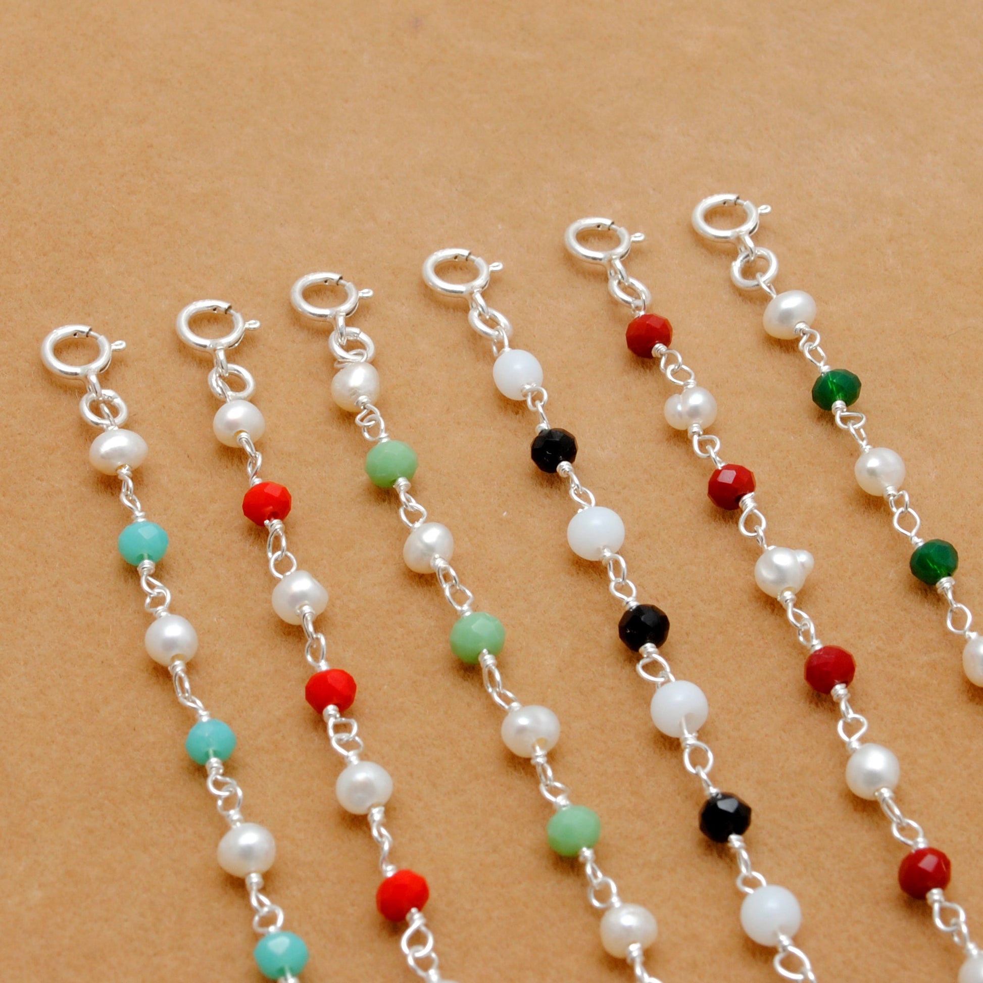 925 Silver Multi Chalcedony & Pearl Chain Bracelet – Minimalist Jewelry - Kanika Creations