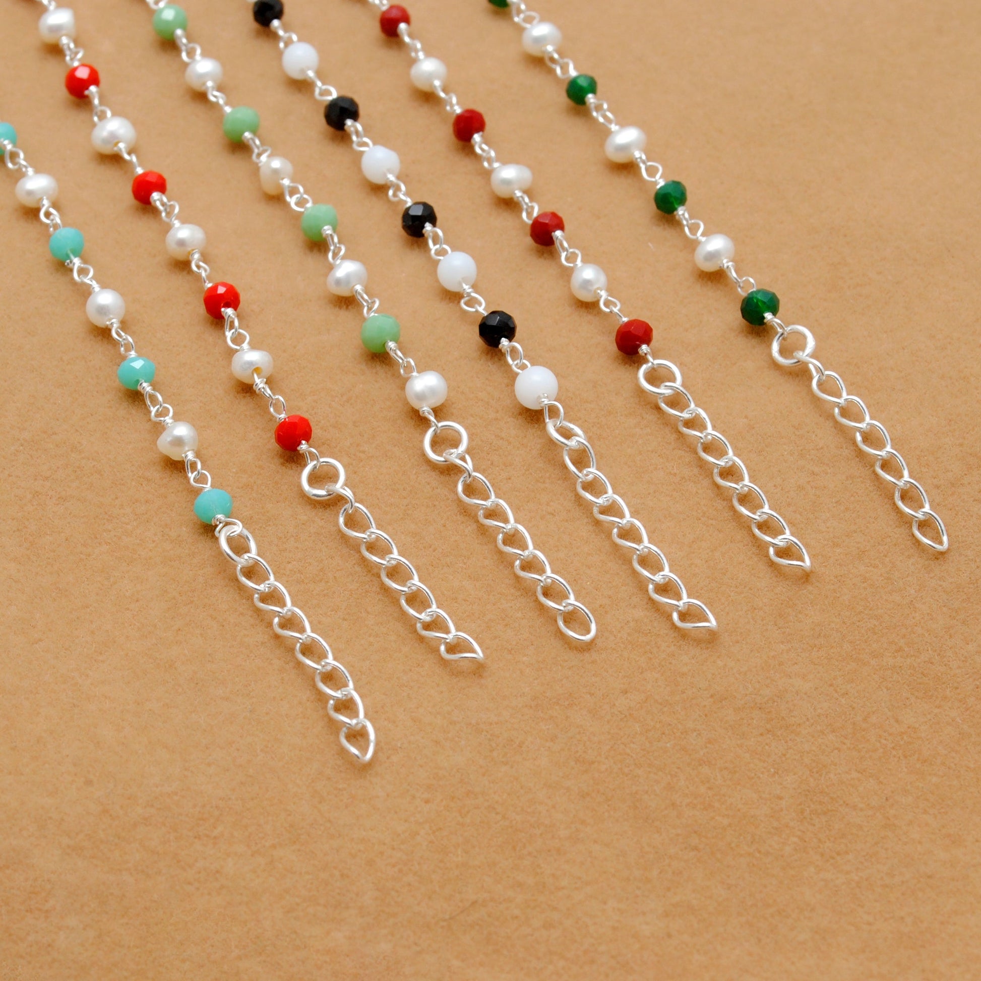 925 Silver Multi Chalcedony & Pearl Chain Bracelet – Minimalist Jewelry - Kanika Creations