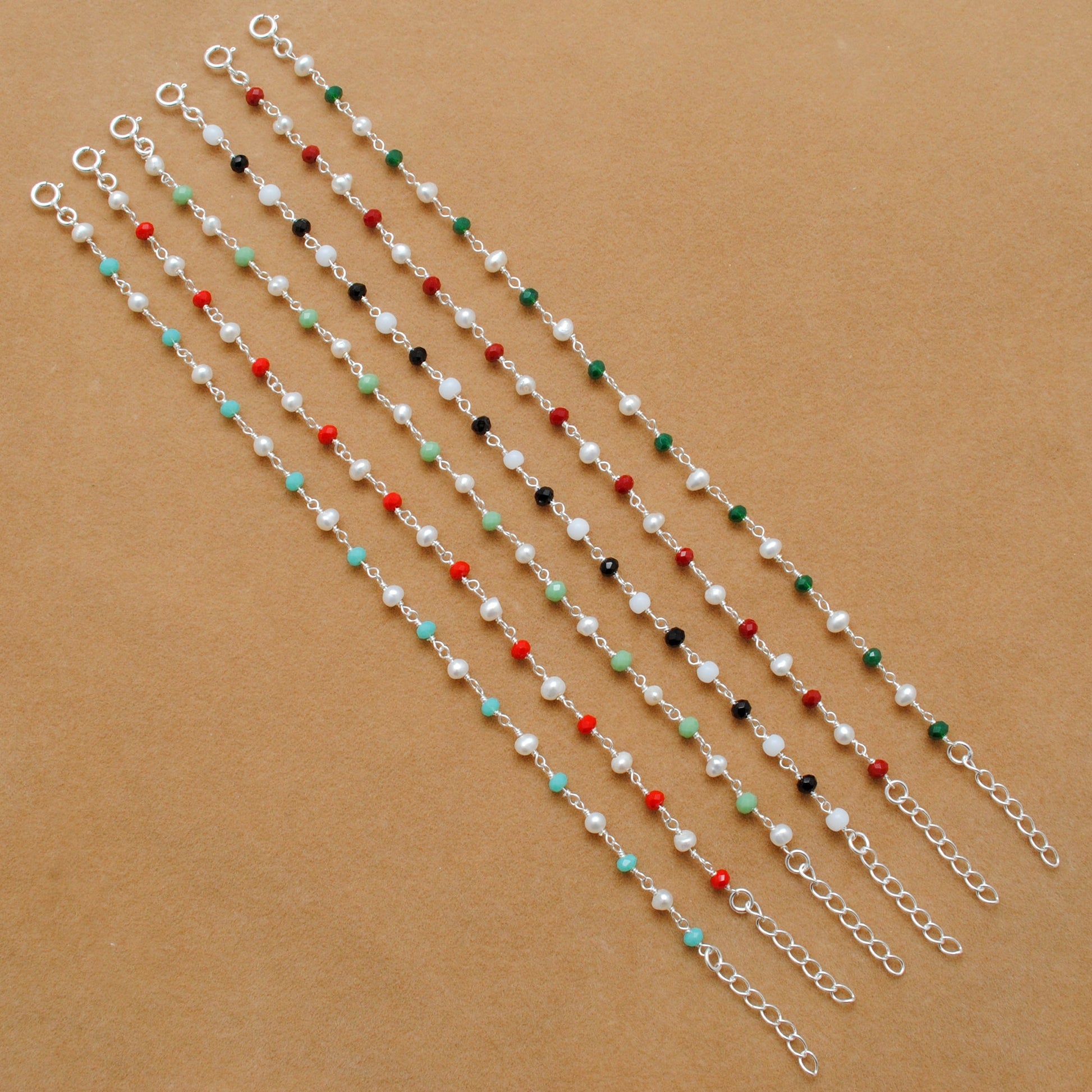 925 Silver Multi Chalcedony & Pearl Chain Bracelet – Minimalist Jewelry - Kanika Creations