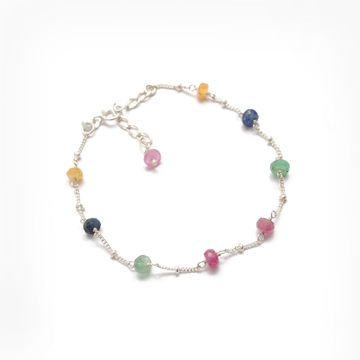 Multi Sapphire Faceted Beads Silver Bracelet