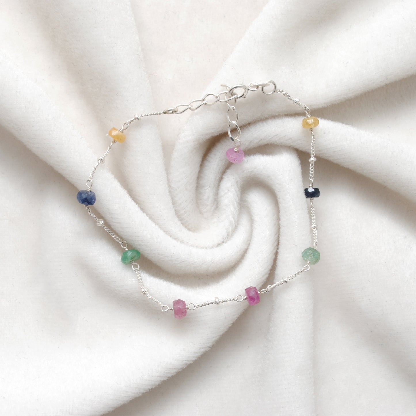 Multi Sapphire Faceted Beads Silver Bracelet