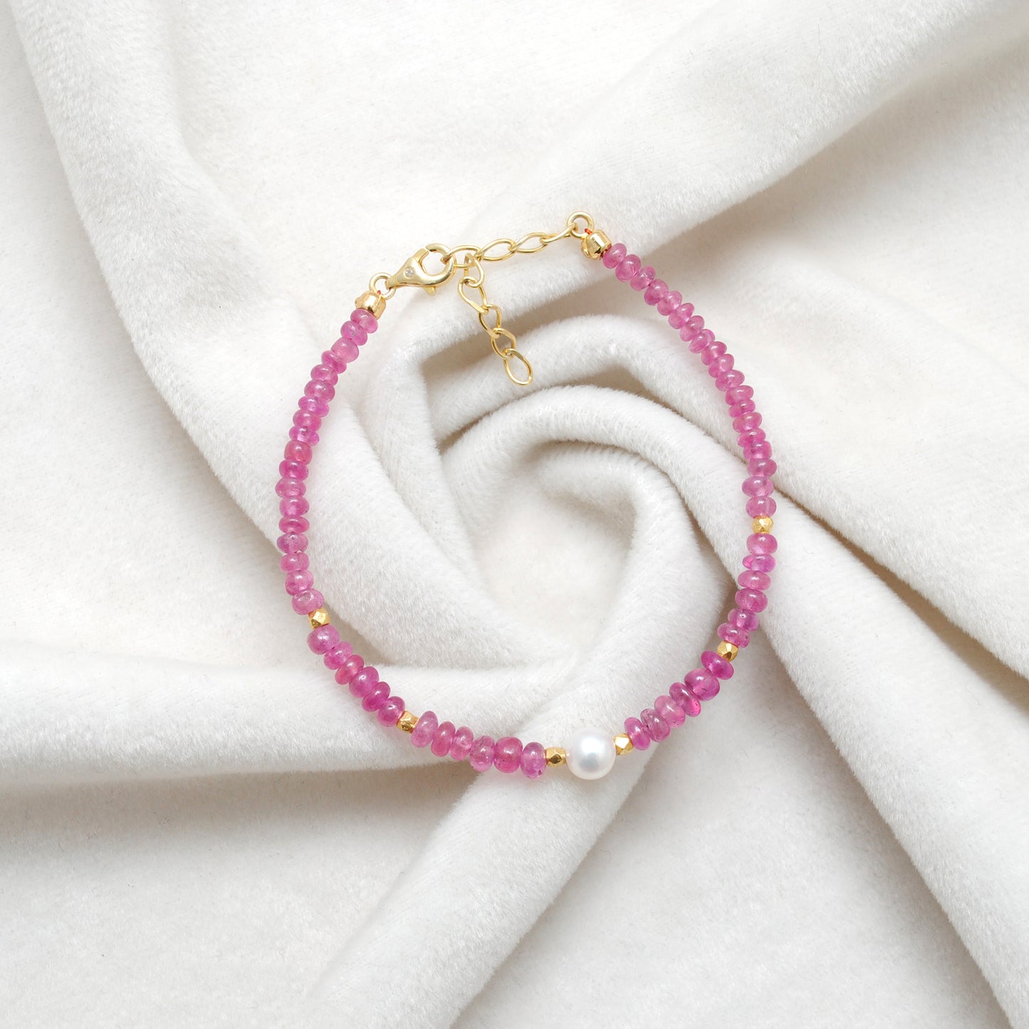 925 Sterling Silver Ruby & Pearl Bracelet, Beaded Gemstone Jewelry