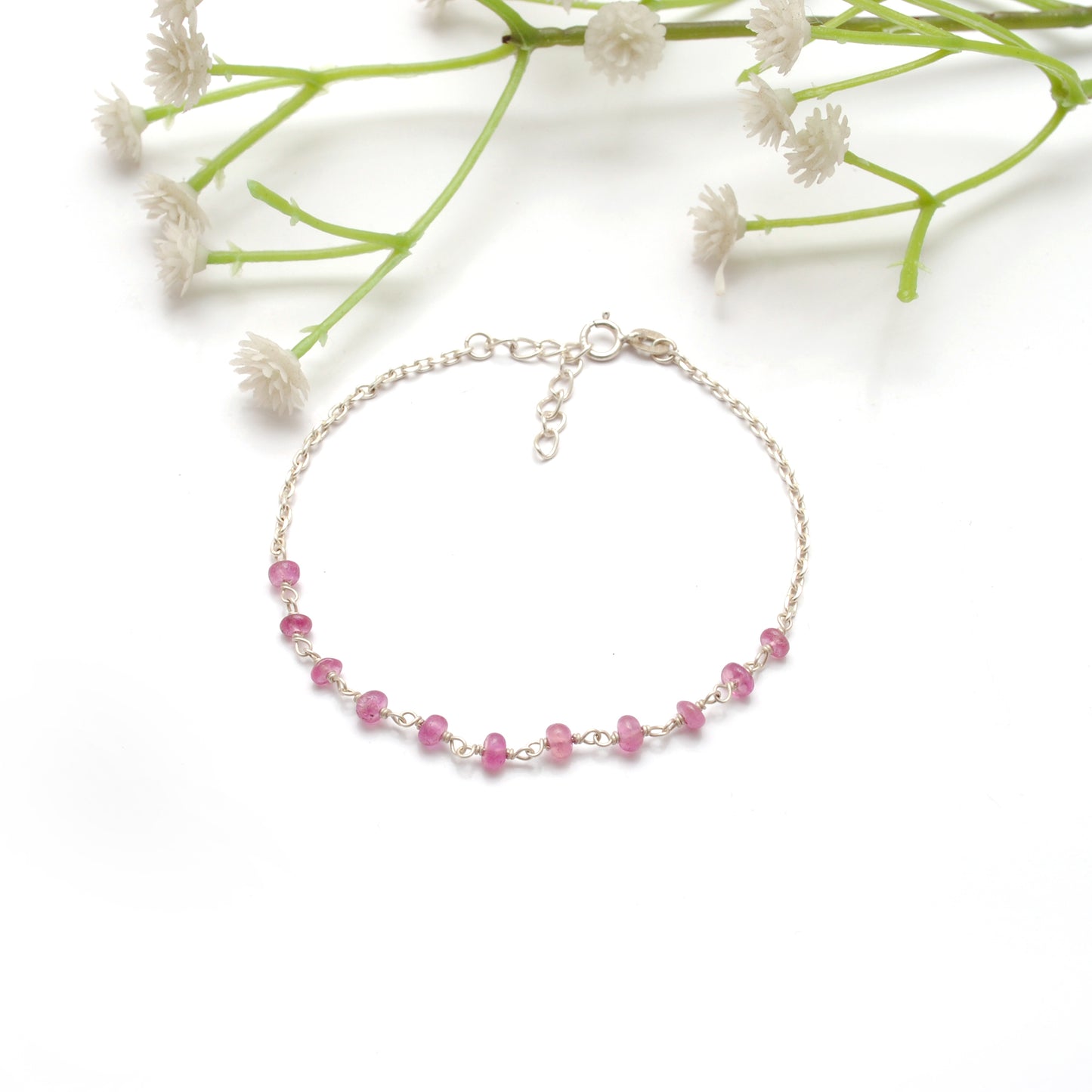 925 Sterling Silver Natural Ruby Beaded Bracelet – Minimalist Gift for Her
