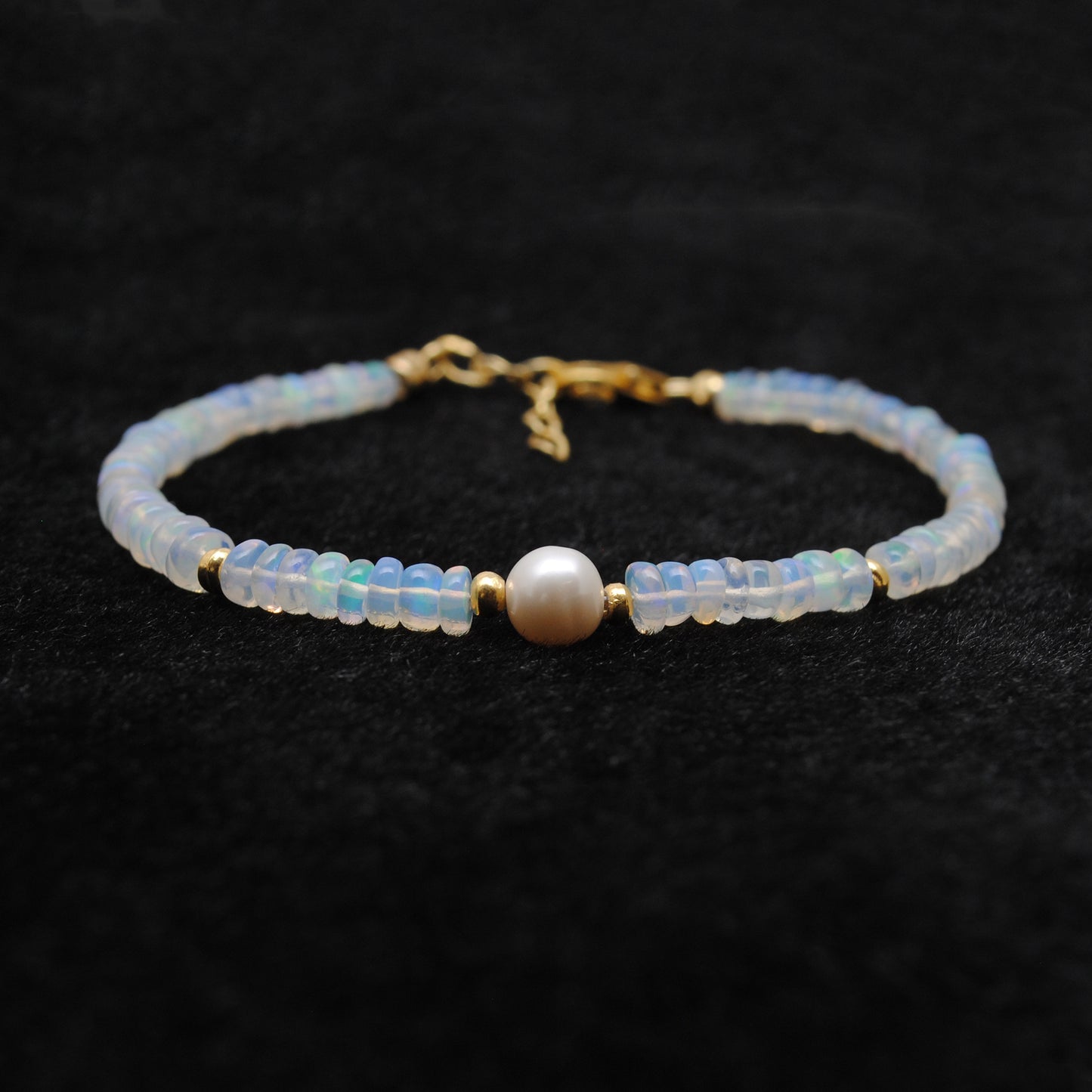 Ethiopian Opal & Pearl Beaded Bracelet, 925 Sterling Silver Jewelry. Gift for Her