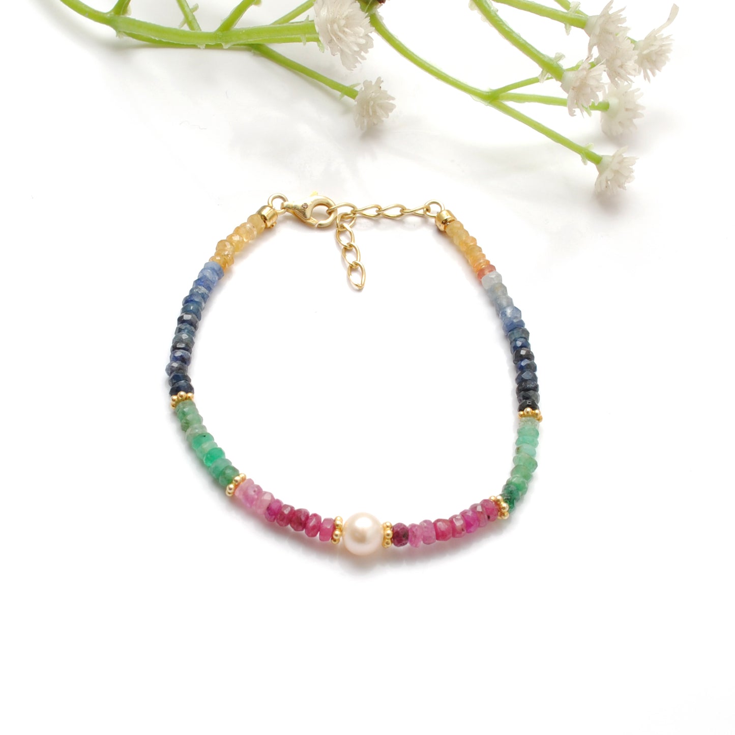 925 Sterling Silver Multi-Gemstone Beaded Bracelet. Ruby Emerald Sapphire