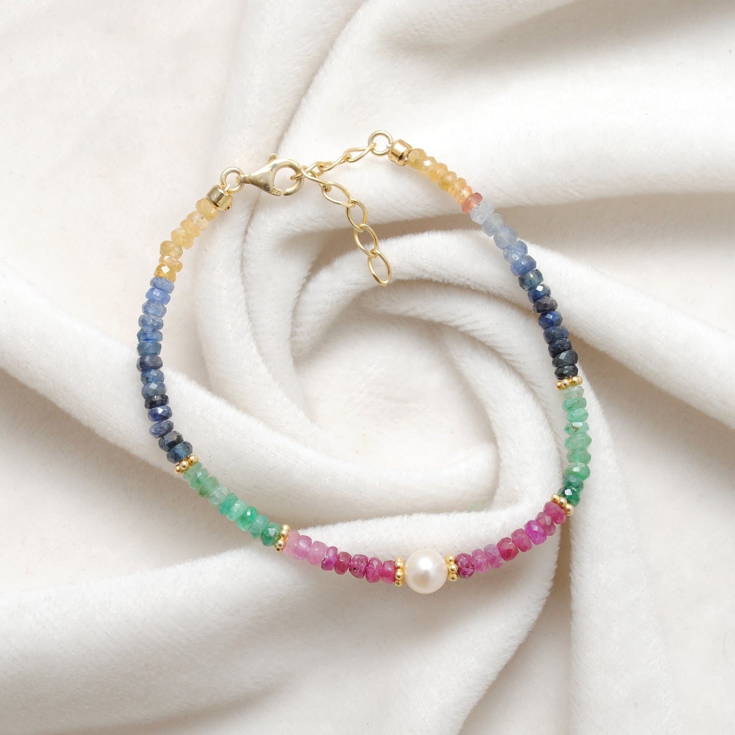 925 Sterling Silver Multi-Gemstone Beaded Bracelet. Ruby Emerald Sapphire