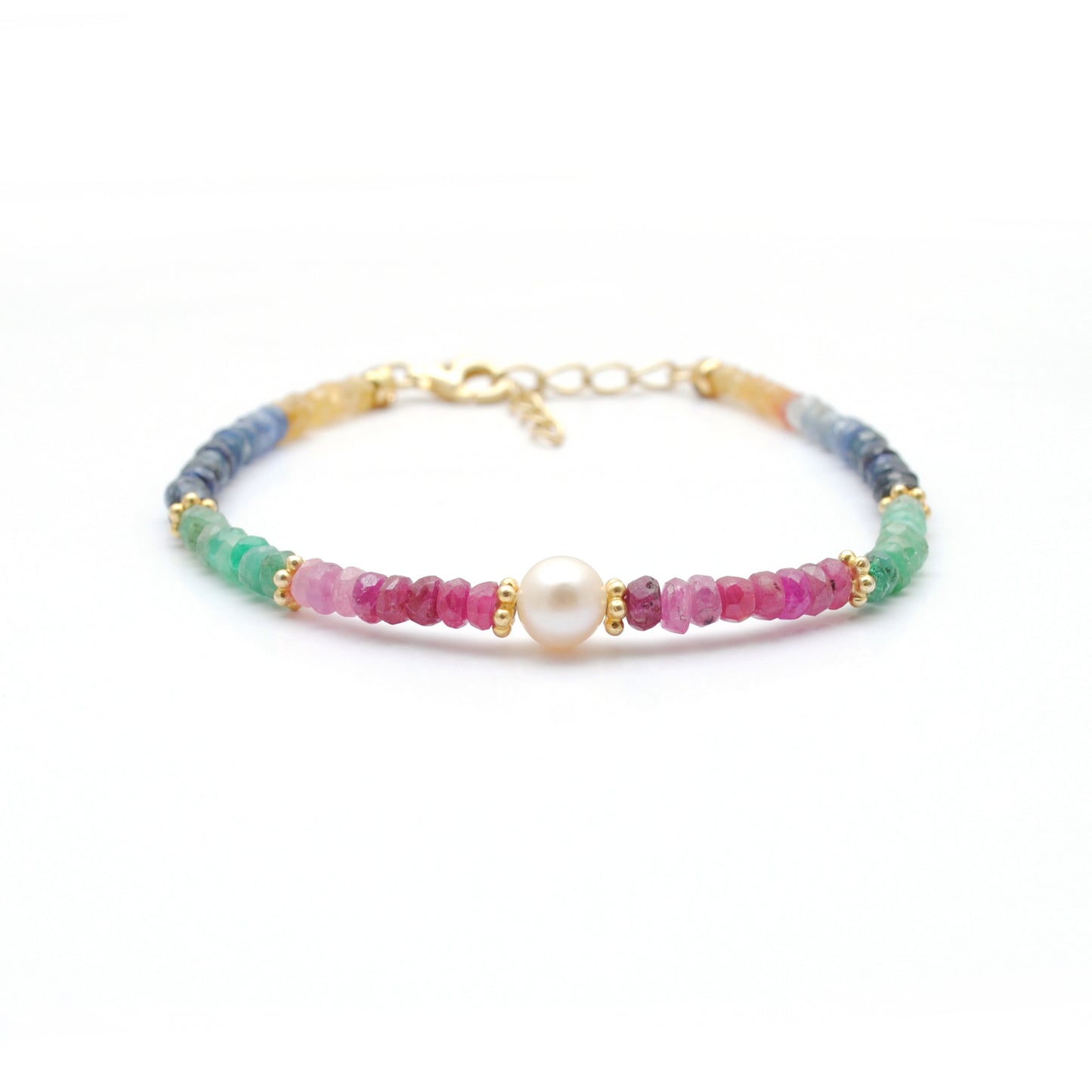 925 Sterling Silver Multi-Gemstone Beaded Bracelet. Ruby Emerald Sapphire