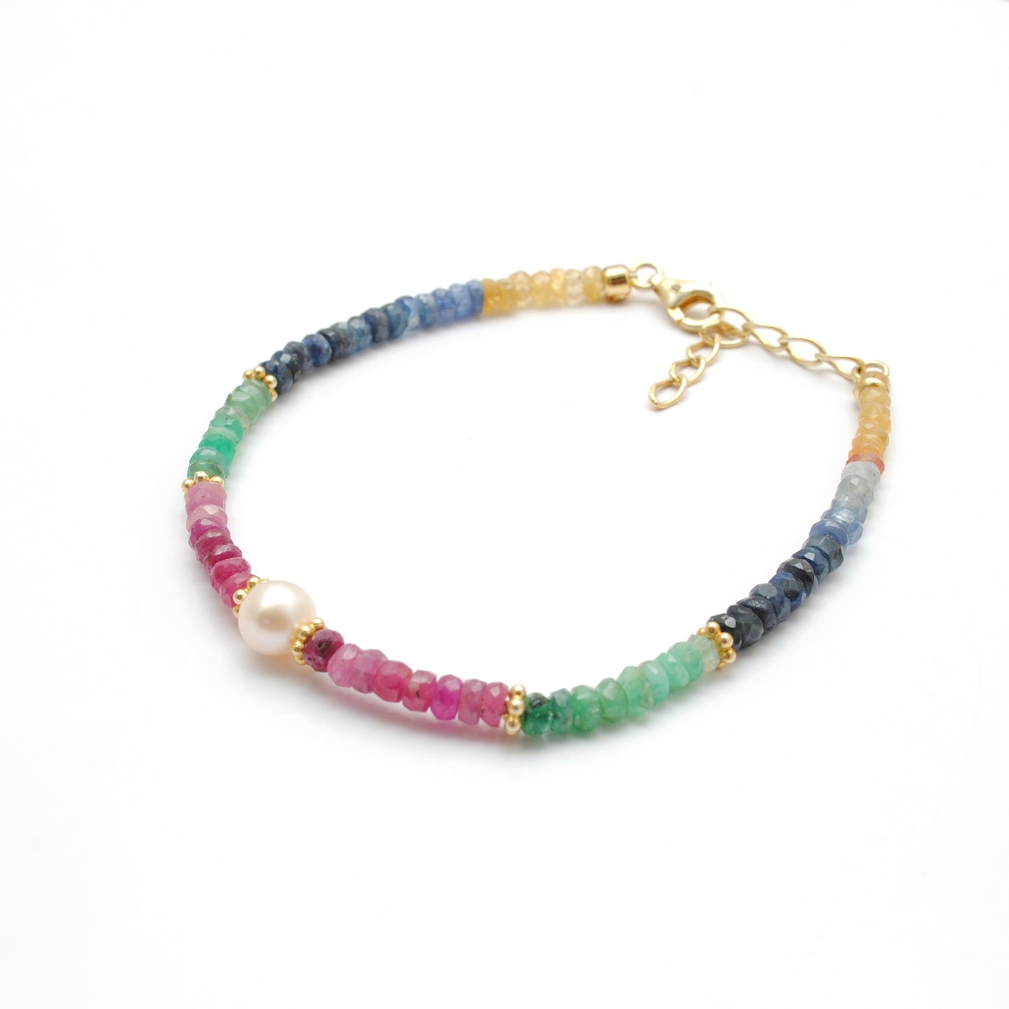 925 Sterling Silver Multi-Gemstone Beaded Bracelet. Ruby Emerald Sapphire