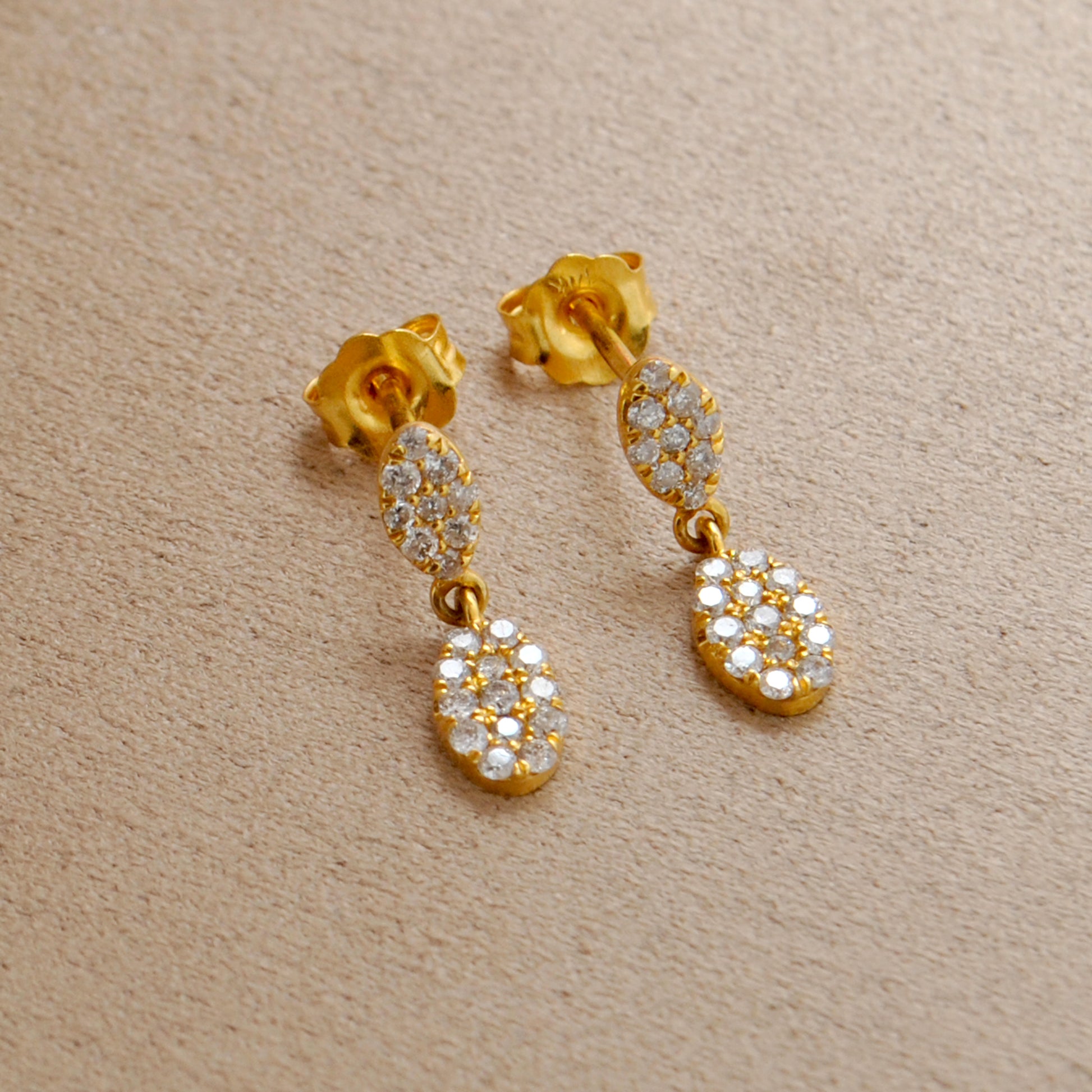 14k Solid Yellow Gold Pave Diamond Minimalist Drop Earrings - Kanika Creations