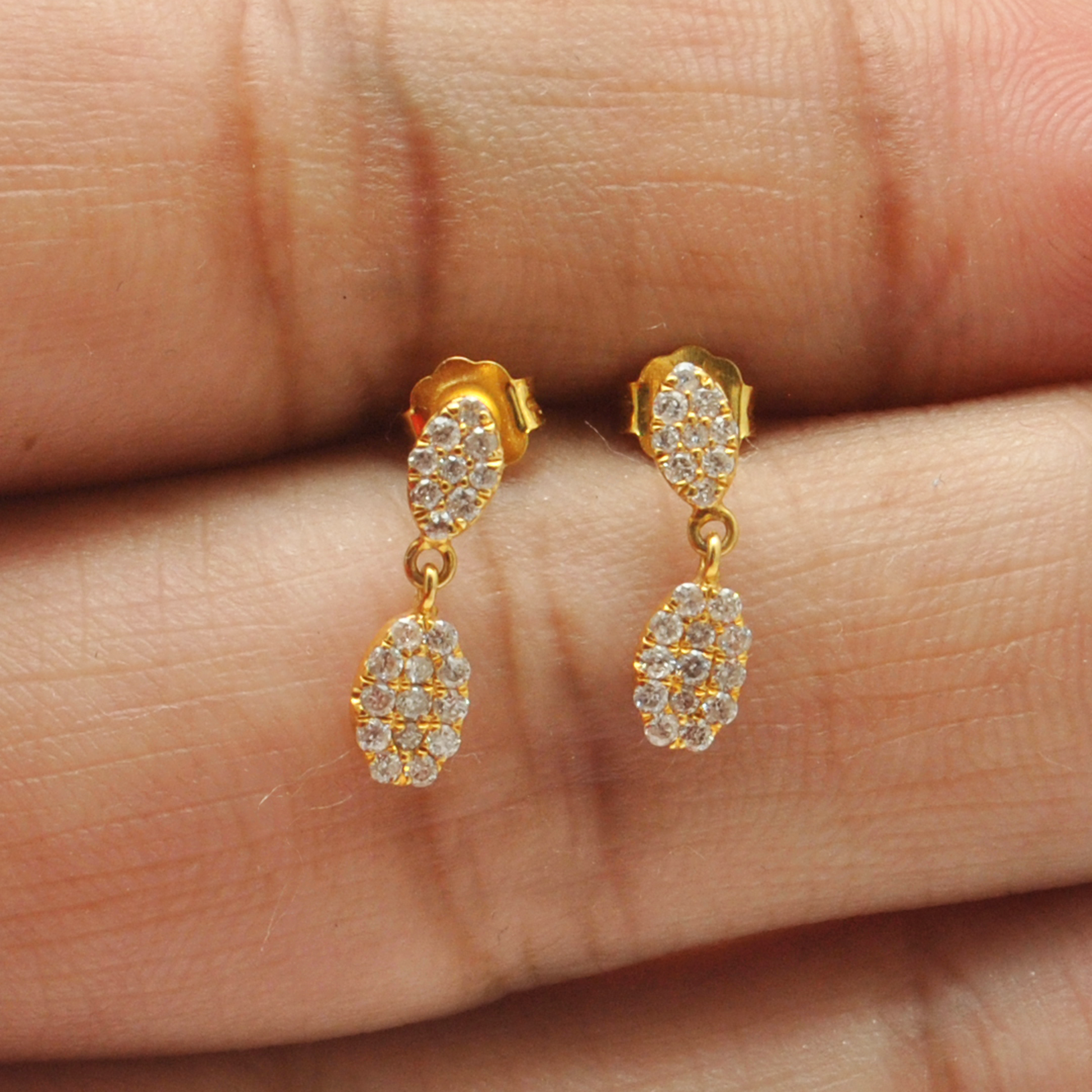 14k Solid Yellow Gold Pave Diamond Minimalist Drop Earrings - Kanika Creations
