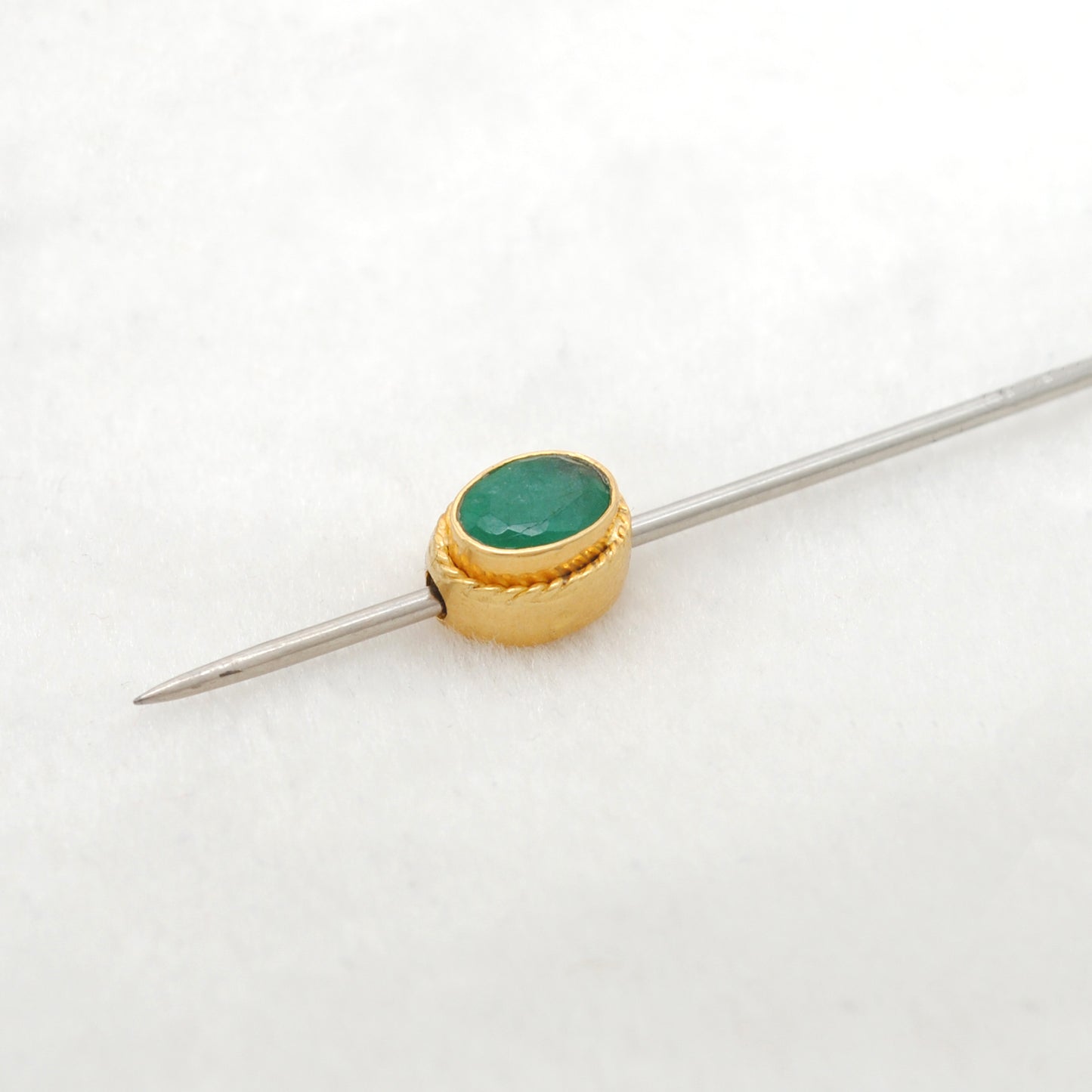 18K Solid Yellow Gold Oval Spacer Bead with Green Stone (1pc) Jewelry Finding