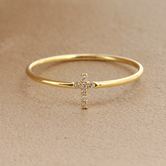 14k Solid Yellow Gold Pave Diamond Minimalist Cross Ring - Kanika Creations