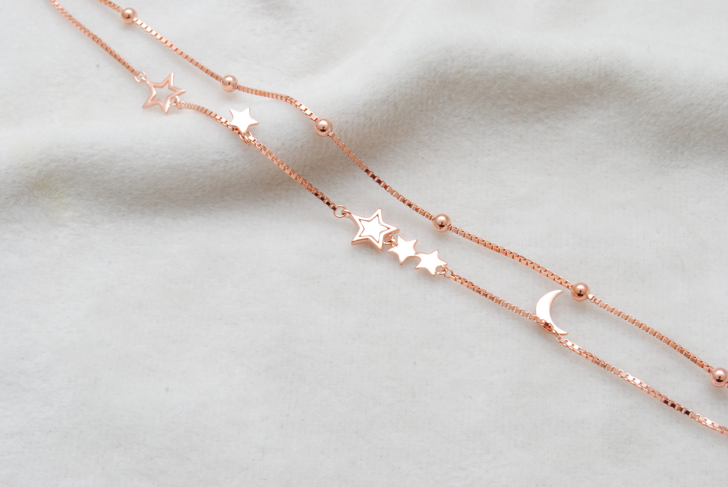 925 Sterling Silver Star and Moon Dainty Bracelet – 8 Inch, Rose Gold & Silver Finish - Kanika Creations