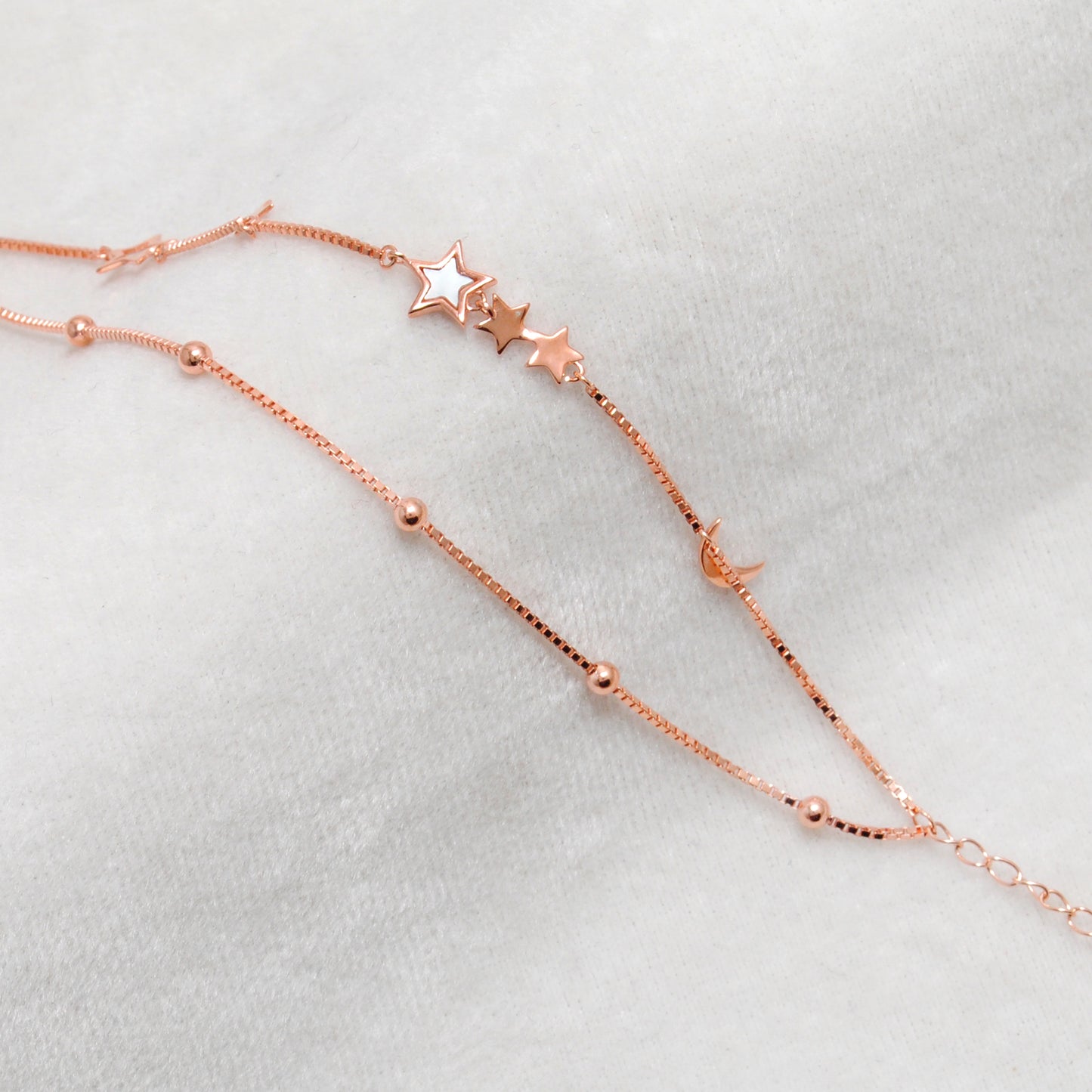 925 Sterling Silver Star and Moon Dainty Bracelet – 8 Inch, Rose Gold & Silver Finish - Kanika Creations