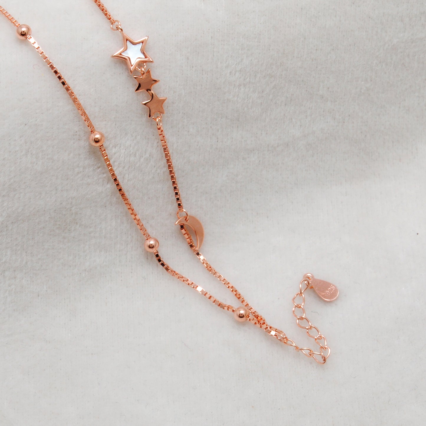 925 Sterling Silver Star and Moon Dainty Bracelet – 8 Inch, Rose Gold & Silver Finish - Kanika Creations