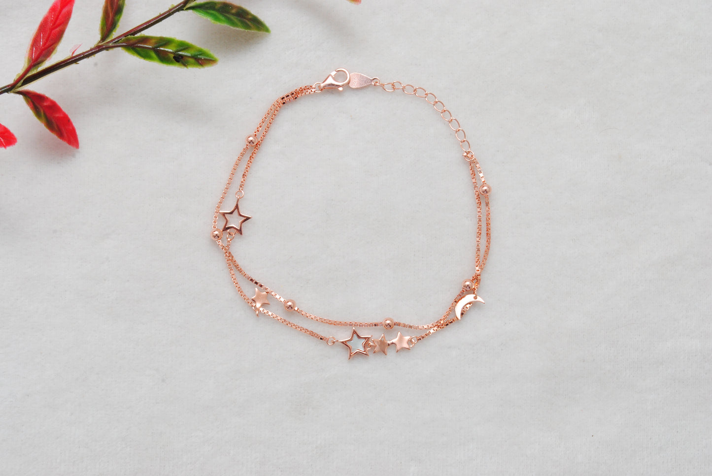 925 Sterling Silver Star and Moon Dainty Bracelet – 8 Inch, Rose Gold & Silver Finish - Kanika Creations